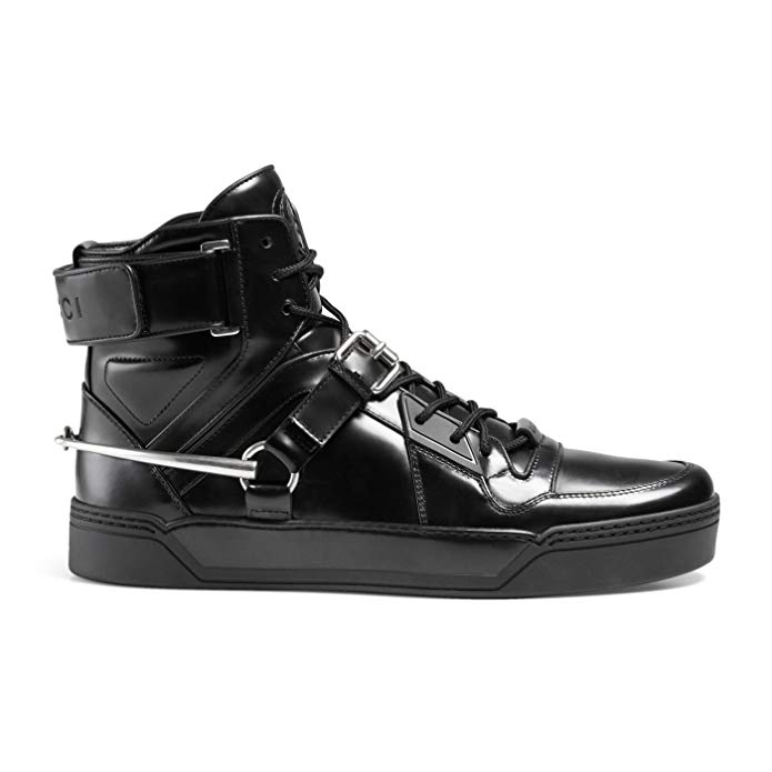 Gucci Men's Black Shiny Leather GG Horsebit High Top Sneakers Shoes