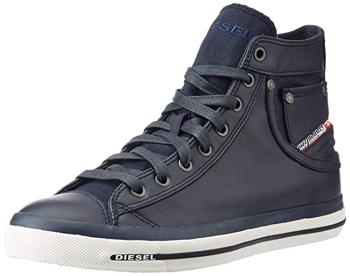 Diesel Exposure I Navy White Leather Mens Hi Trainers Boots